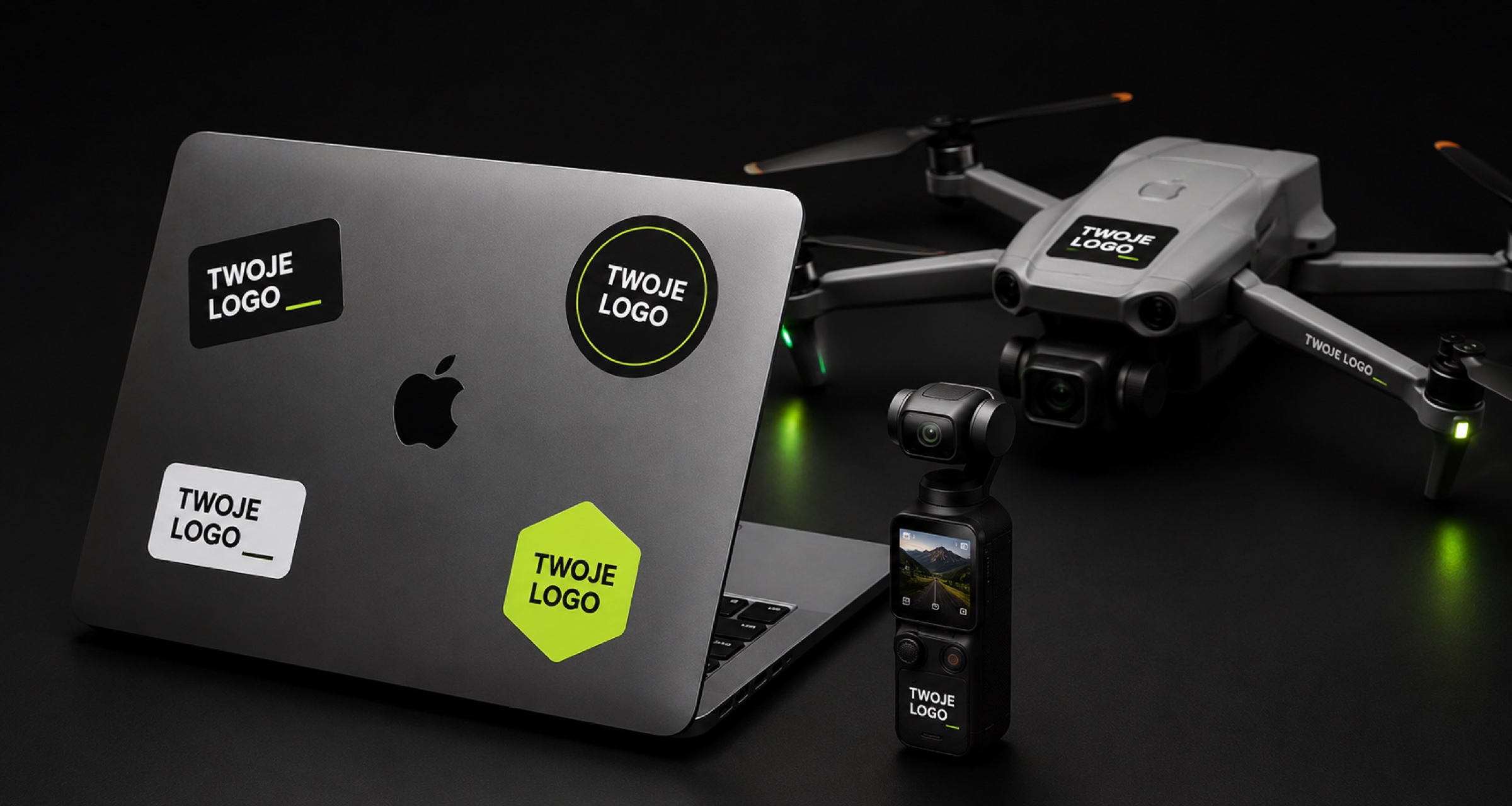 MacBook, kamera i dron z miejscami na logo